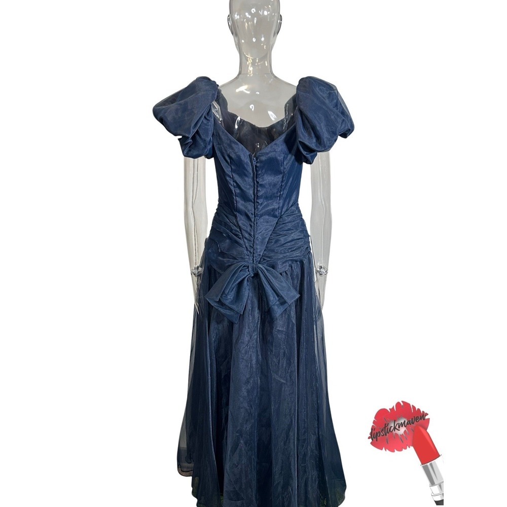 Vintage Taffeta Formal Gown Women 10 60s Navy Blue Puff Sleeves Prom Tea Dress‎ - Picture 2 of 16